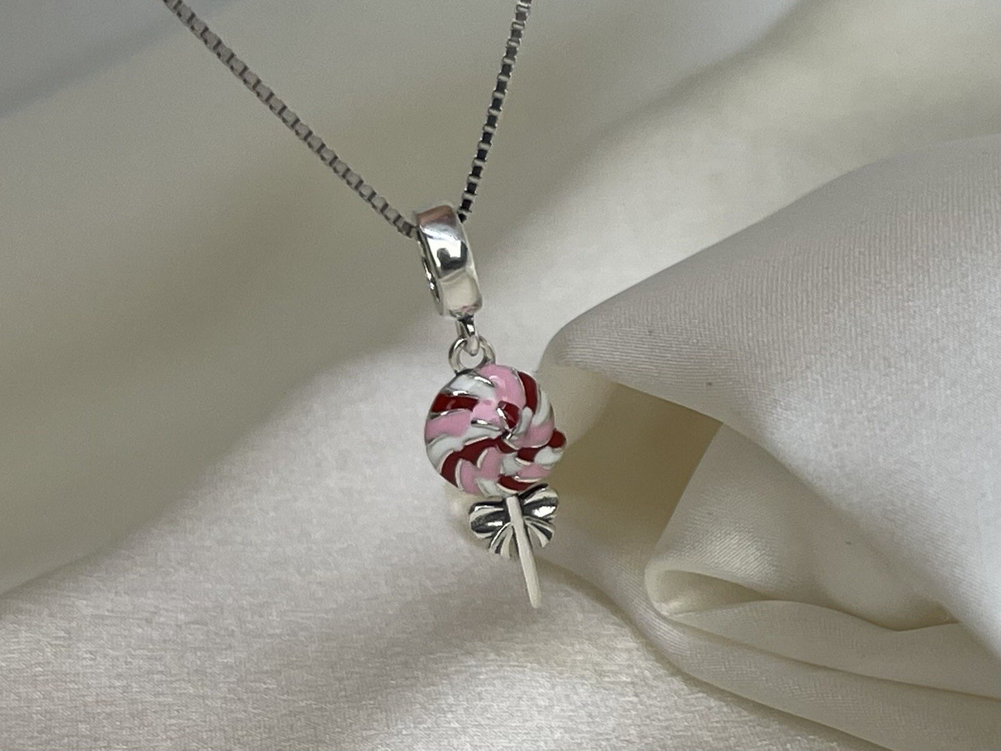Sterling Silver 925 Enamel Sweet Swirl Lollipop Bow Sugar Candy Charm Necklace