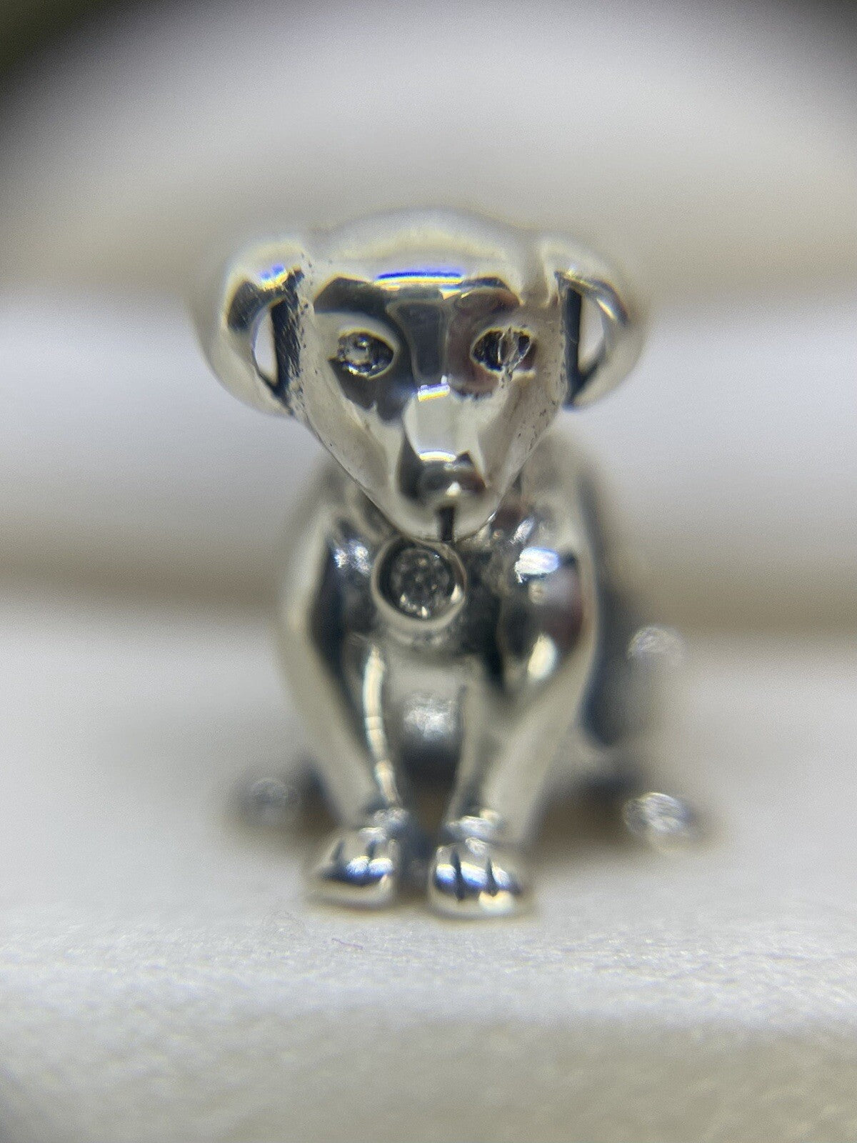 Sterling Silver Solid 925 European Playful Happy Dog Cubic Zirconia Stone Charm