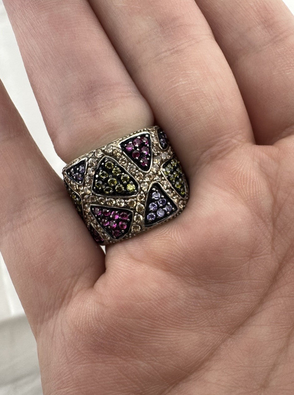 Sterling Silver 925 Mosaic Design Multicolor Gemstone Statement Ring Sz 7 13G