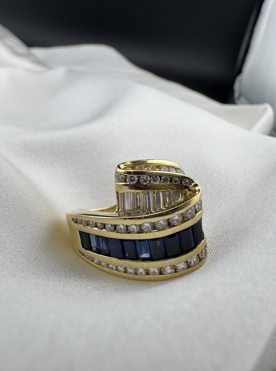 Charles Krypell 18K Yellow Gold Sapphire & Diamond Ribbon Crossover Ring 13.4G