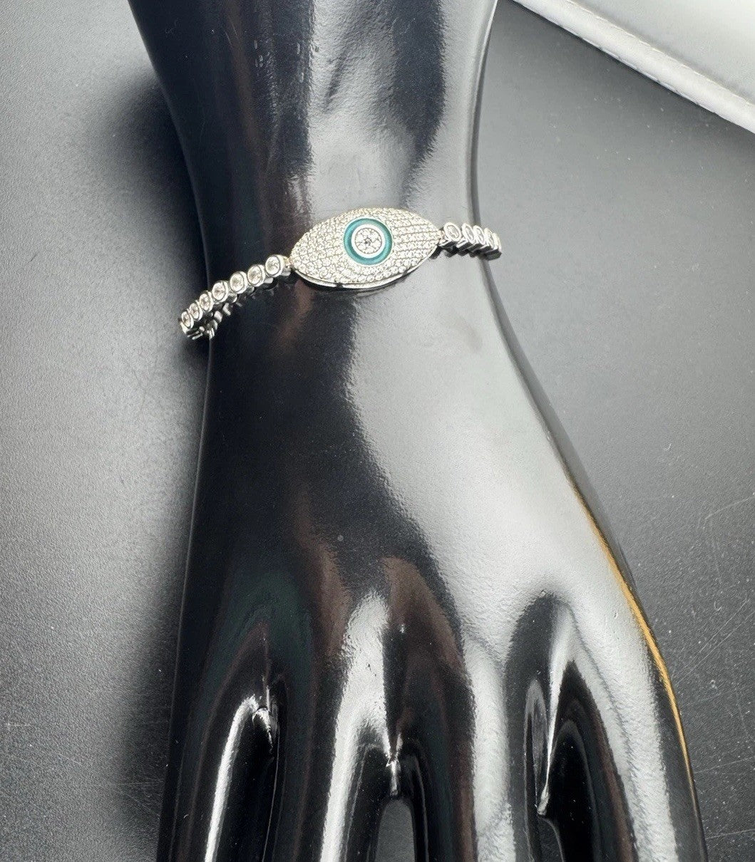 Pulsera de plata 925 con ojo turco de 7.5in, 12mm, 10 gramos, cristal esmaltado, estilo tenis