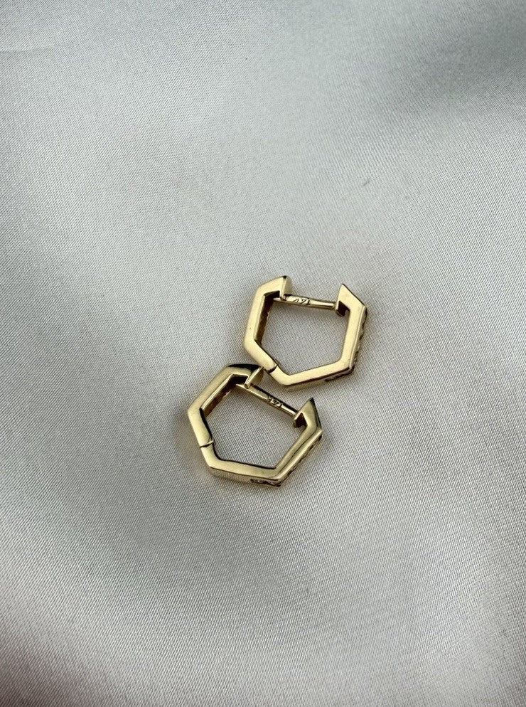 14K Yellow Gold Diamond Geometric Huggie Earrings 2.25 Grams Hinged 13.26x2.47mm