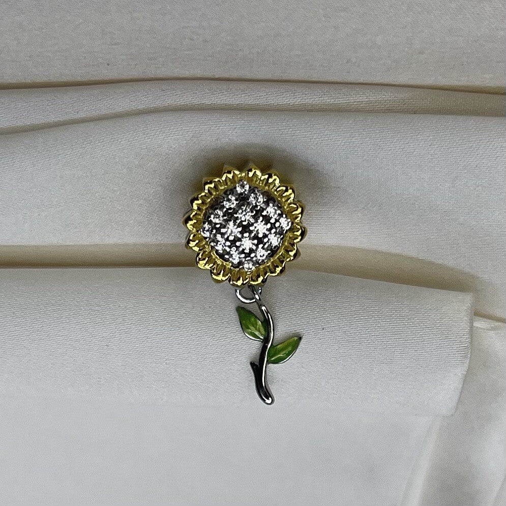 Sterling Silver 925 Enamel Large Cubic Zirconia Vibrant Sunflower Charm