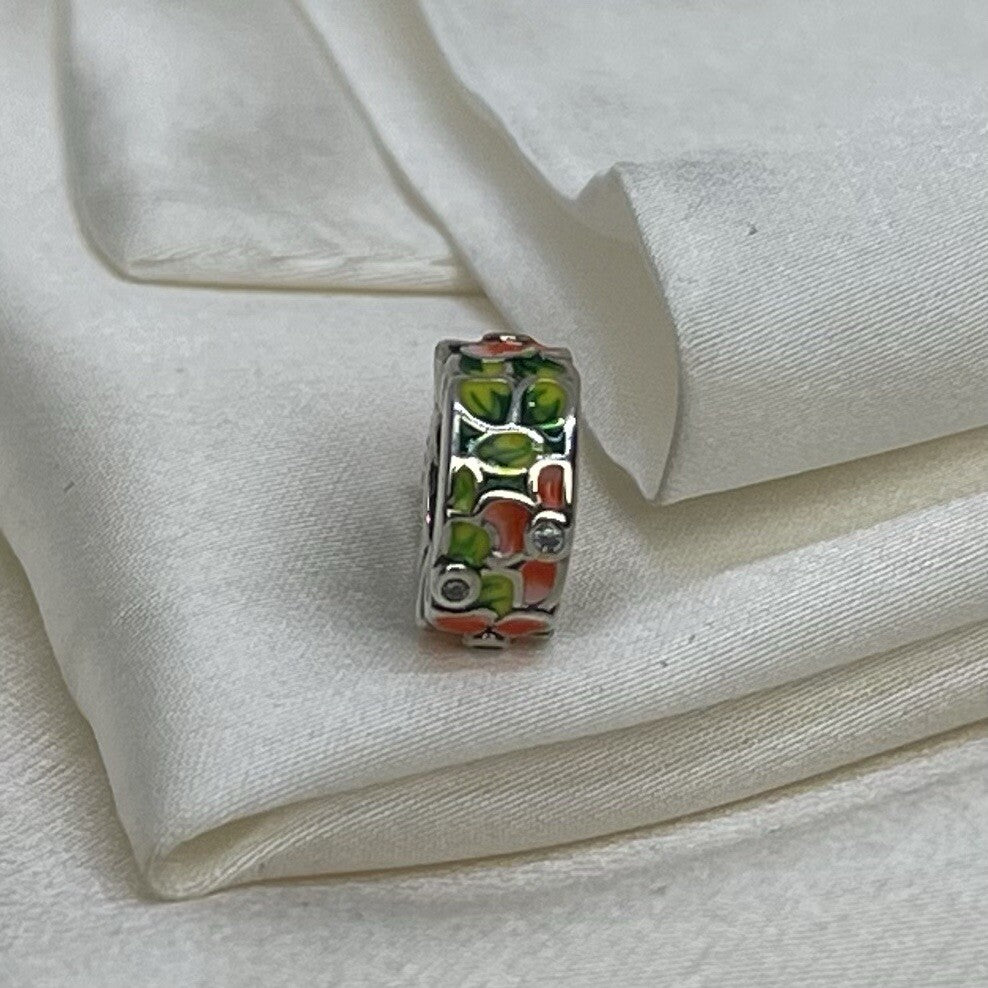 Sterling Silver 925 Enamel Pink Flower Plant with Cubic Zirconia Charm