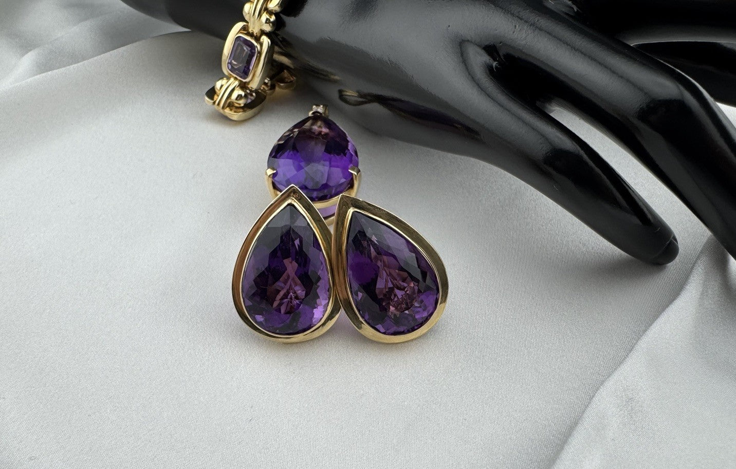 14K Yellow Gold 4 Piece Jewelry Set Bracelet Ring Pendant Earring 70.5G Purple