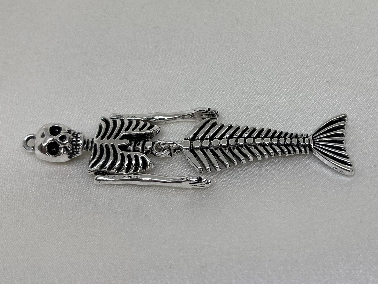 Large 73mm Moveable Skeleton Mermaid Pendant Silver Zinc Alloy Metal Handmade