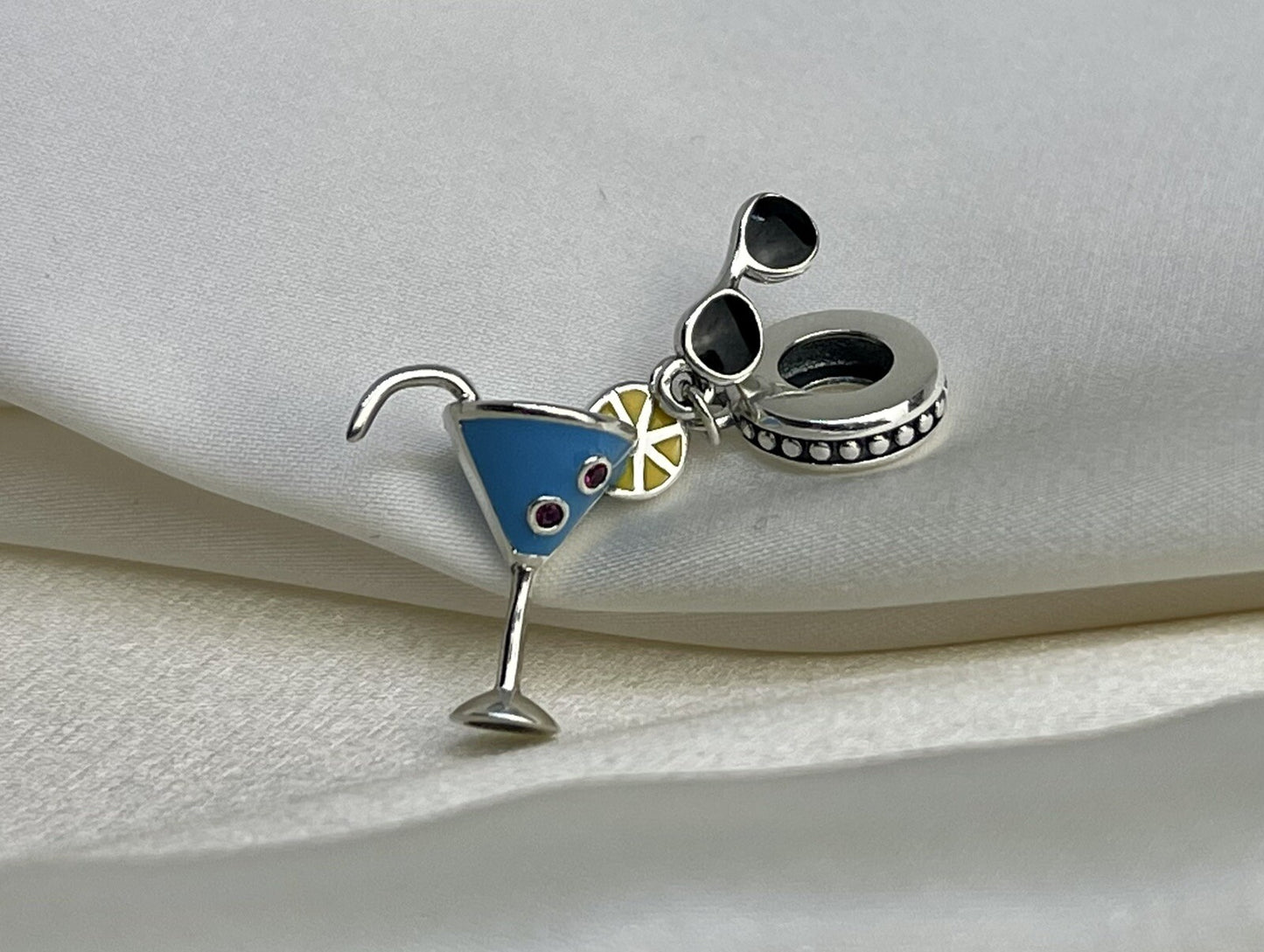 Sterling Silver 925 Charm Summer Cold Drink CZ Stone Enamel Sunglasses Lemon