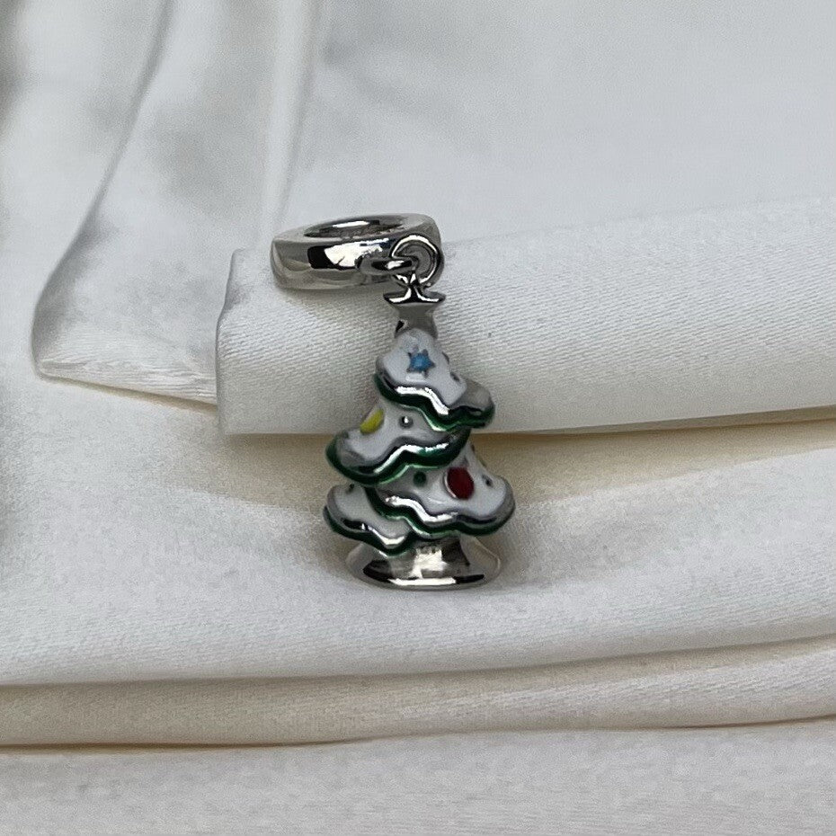 Sterling Silver 925 Enamel Christmas Tree Holiday Festive Dangle Charm