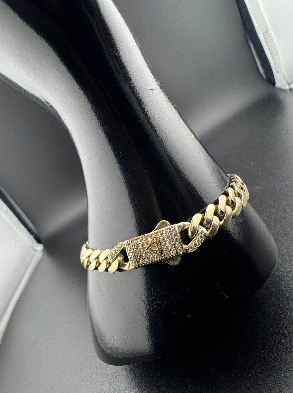 Pulsera cubana de oro de 14K Miami 7.5in 6.70mm 9.6G con emblema de circonita cúbica, cierre de seguridad con pulsador