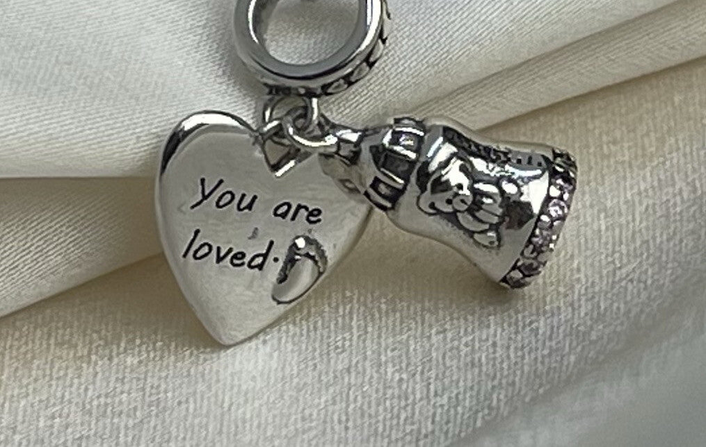 Sterling Silver 925 Baby Foot Bear Bottle You Are Loved Heart Charm Pink Pavé CZ