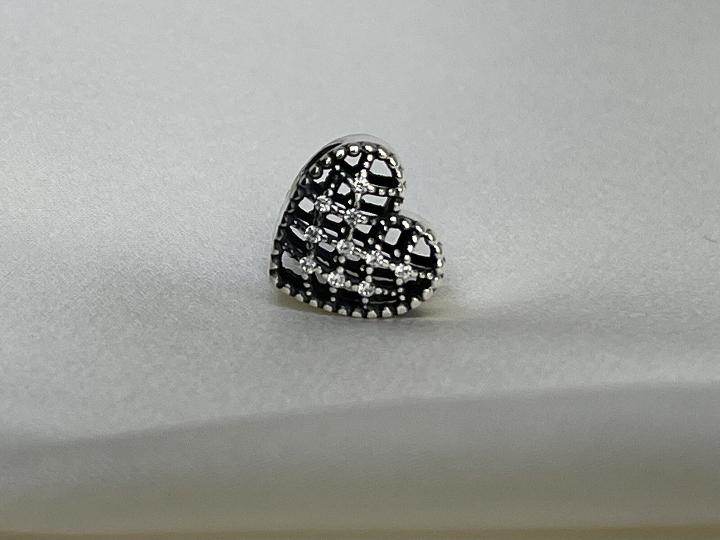 Sterling Silver 925 Retro Hollow Shining Cubic Zirconia Stone Heart Love Charm