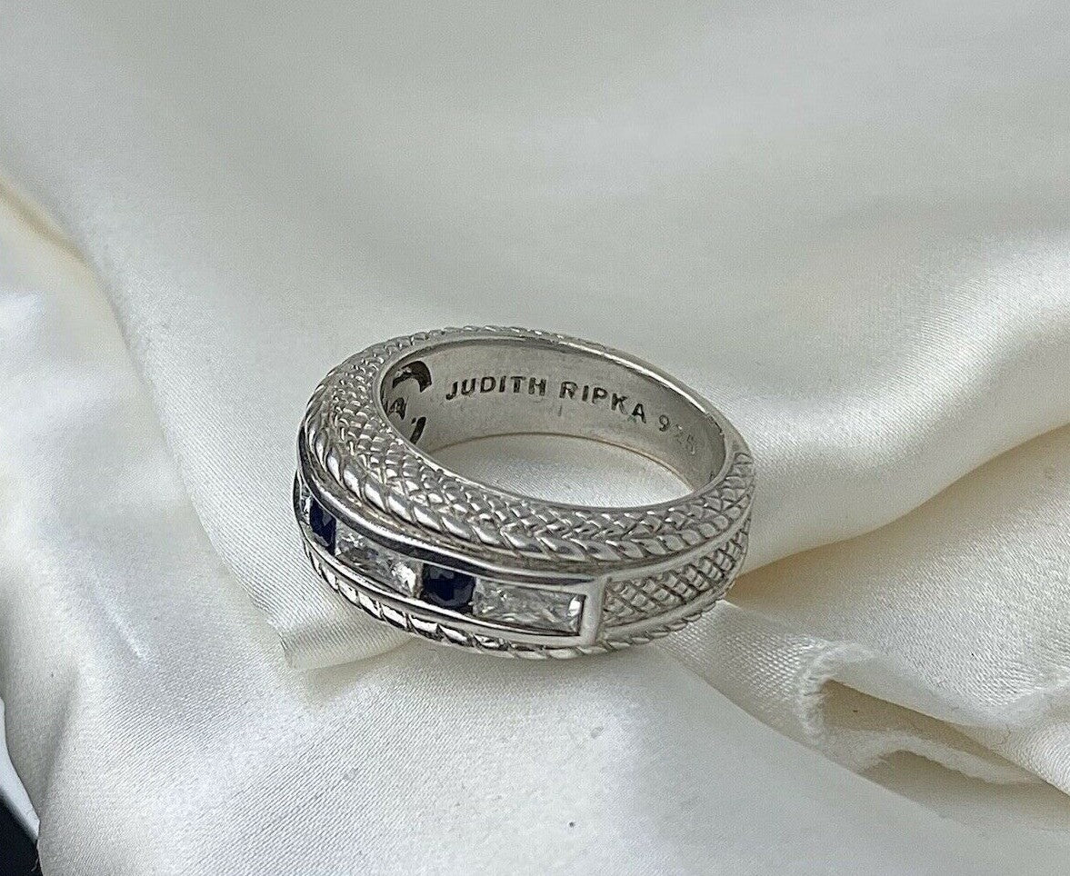 Vintage Judith Ripka 925 Silver Blue Sapphire & Cubic Zirconia 8.5mm Ring Size 7