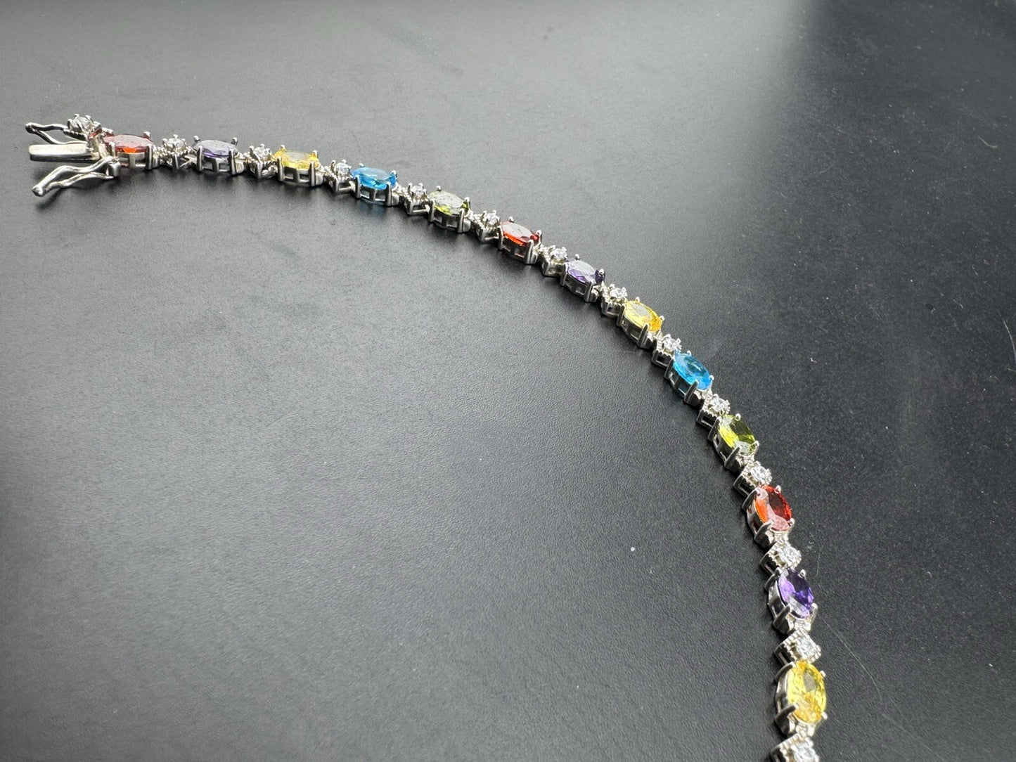 Vintage 925 Sterling Fine Silver Rainbow Gem Simulated Diamond Bracelet 7.5 10G