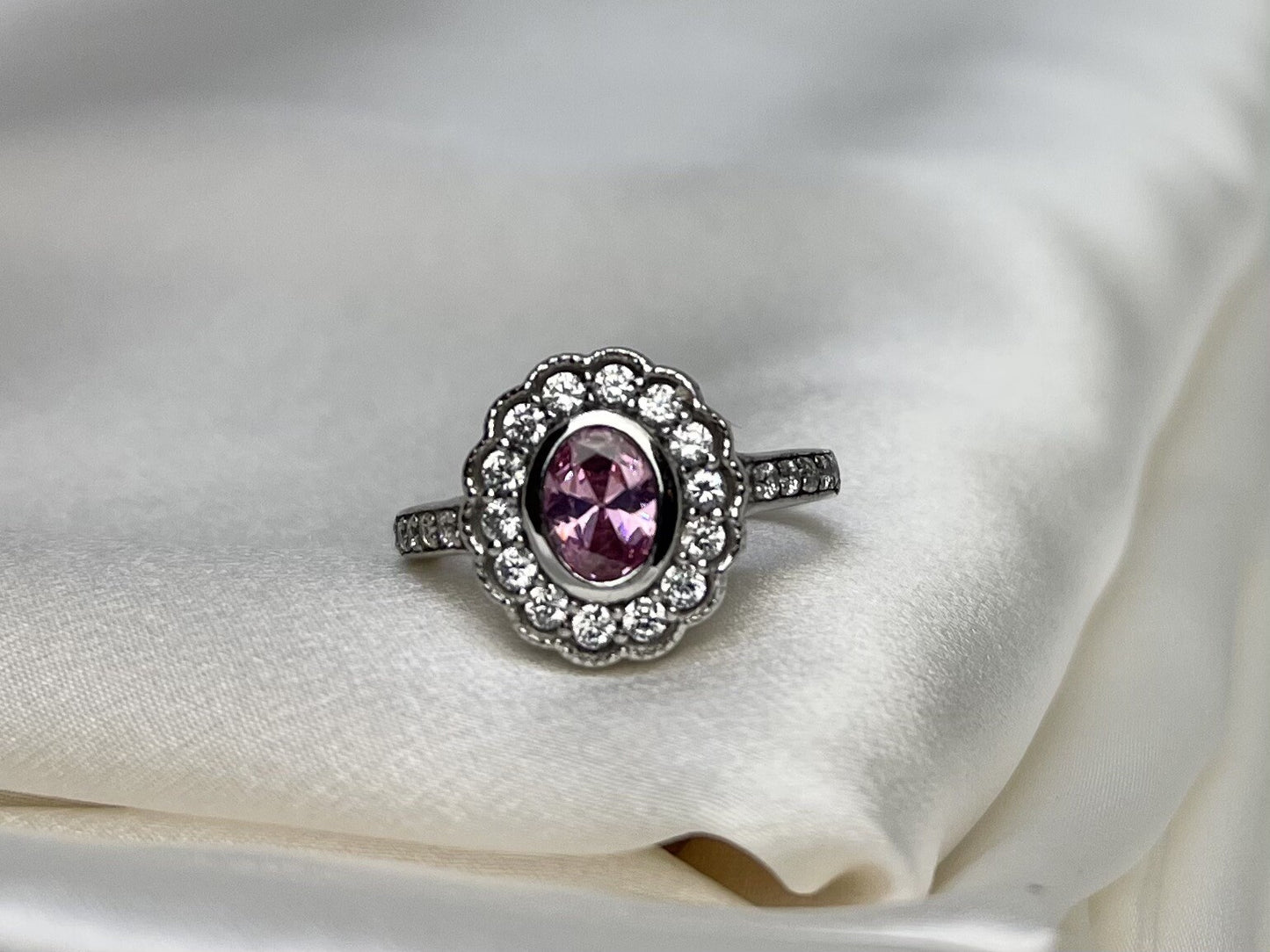 Flower Rose Quartz Cubic Zirconia Ring Rhodium Plated Sterling Silver 925