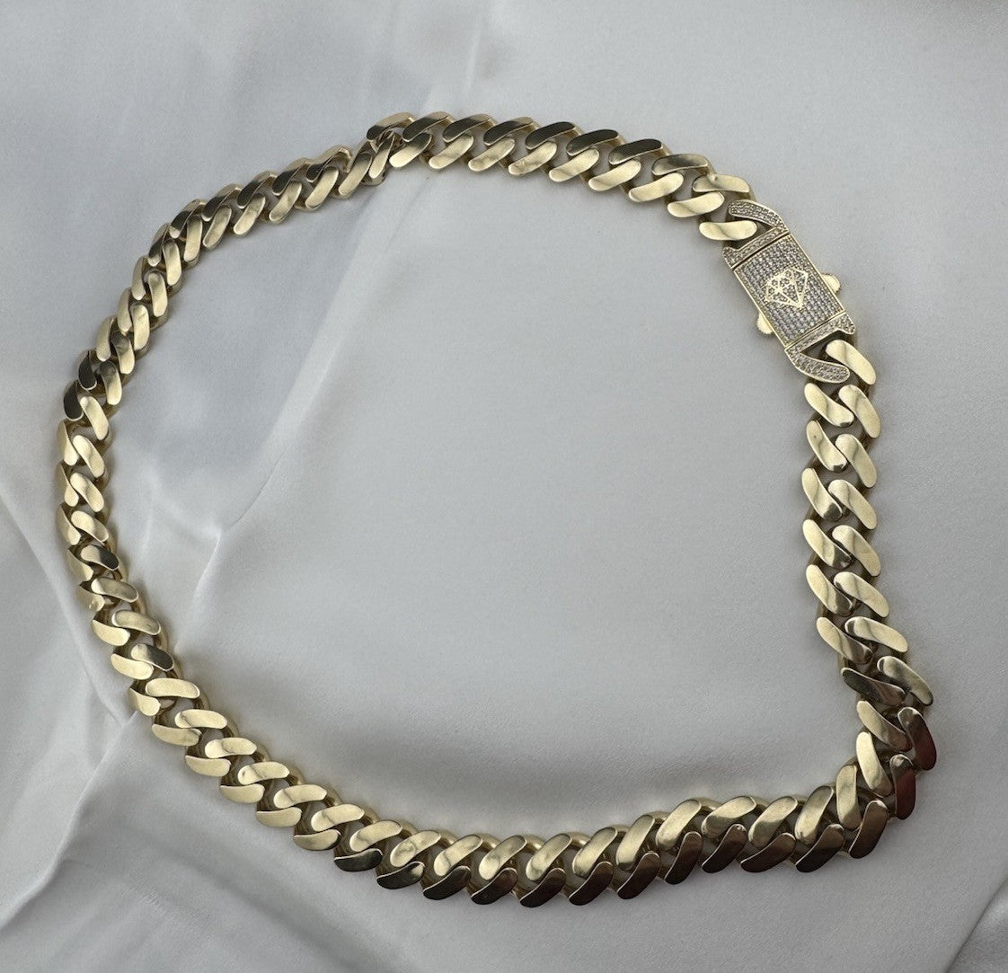 14K Yellow Gold Miami Cuban Link Chain Necklace 14.7mm 24.5 76.4 Gram Semi-Solid