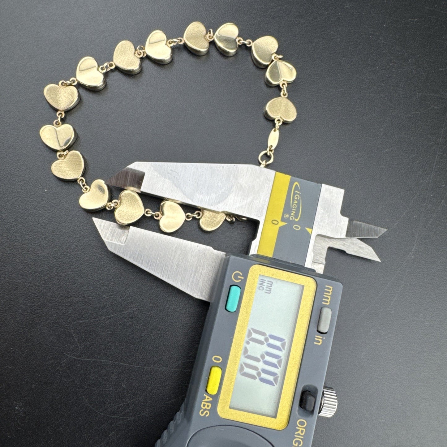 Pulsera de eslabones con dijes de corazones de oro amarillo de 14 quilates, 7,75 pulgadas, 9 mm, 6,3 g, hecha en Turquía