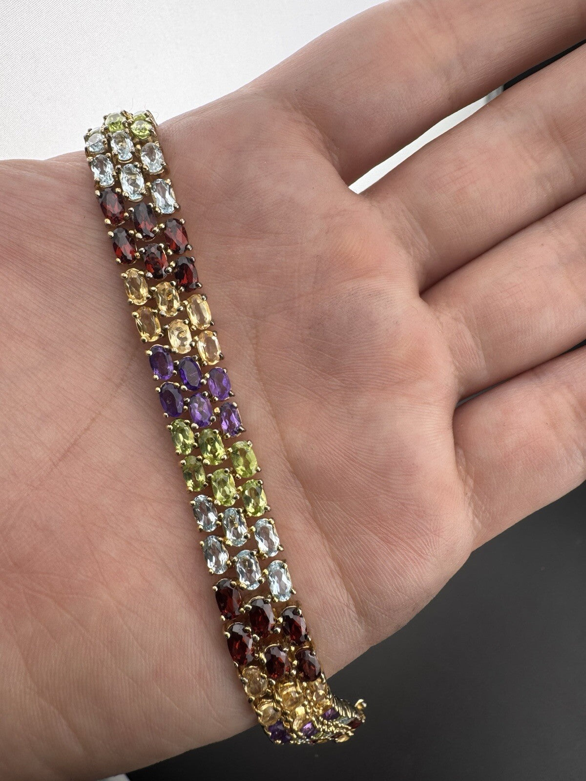 925 Fine Silver Plated Gold Multicolor Gemstone Row Tennis Bracelet 7.5 25.7G