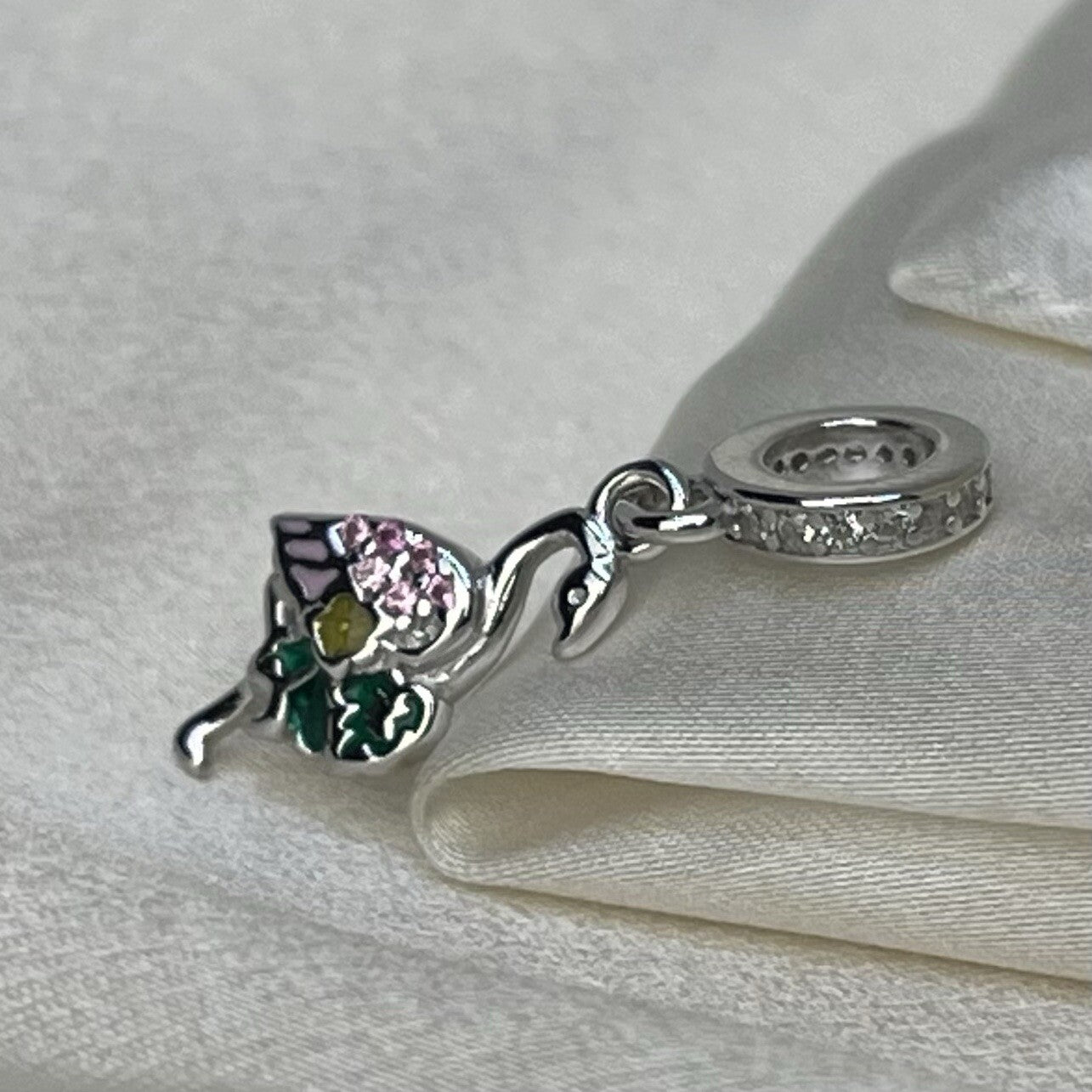 Sterling Silver 925 Multi Color CZ Stones Enamel Vibrant Flamingo Dangle Charm