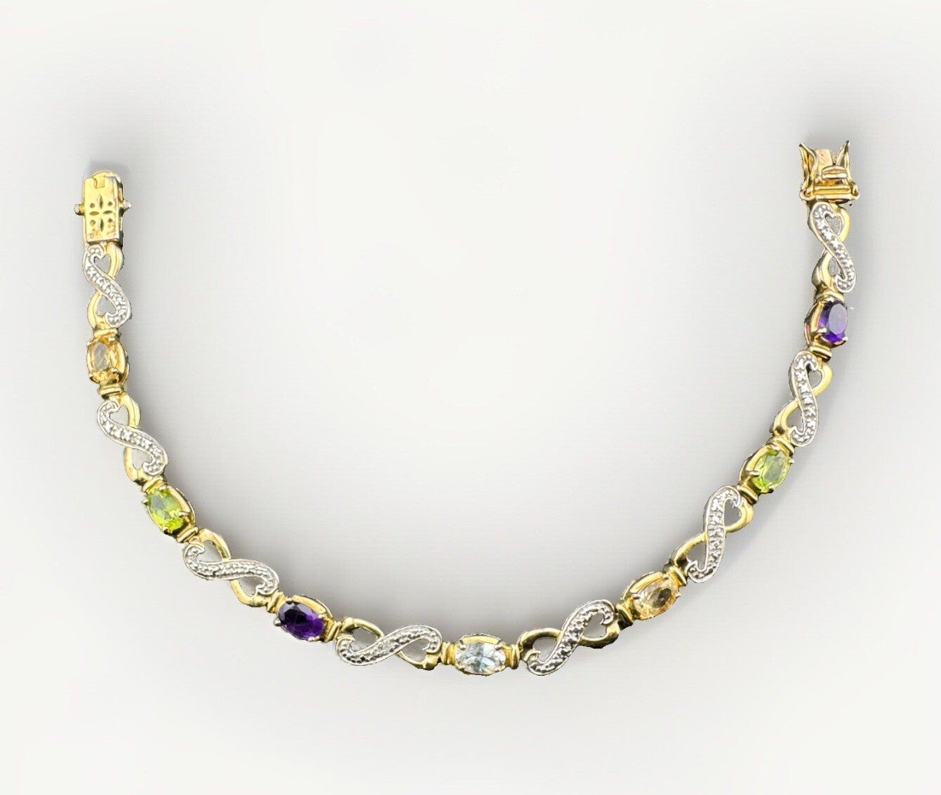 925 Fine Silver Plated Gold Multicolor Gem Infinity Heart XO Bracelet 7.5 10.4G