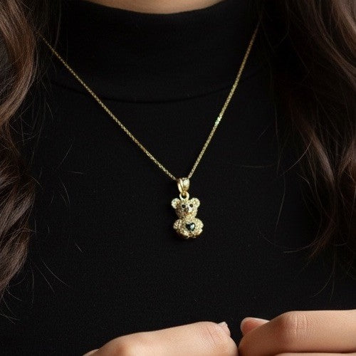 14K Gold Teddy Bear Pendant Green Sim Diamond 19.19x9.92mm 1.3G Beltran Jewelry