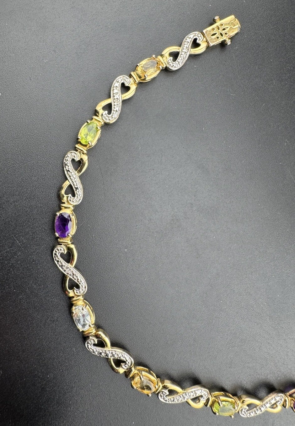 925 Fine Silver Plated Gold Multicolor Gem Infinity Heart XO Bracelet 7.5 10.4G