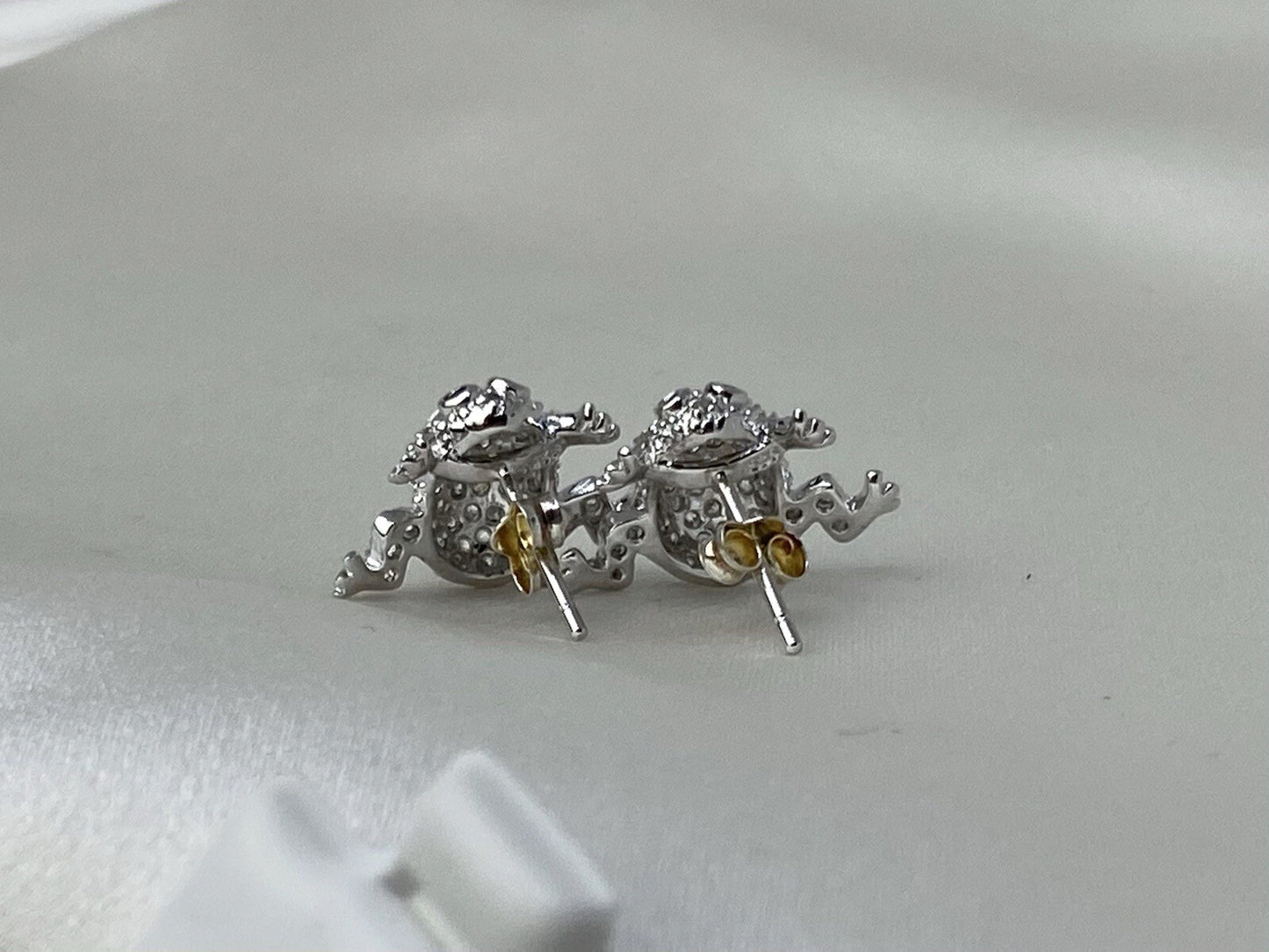 New Sterling Silver 925 11x17mm Frog Stud Earrings Two Tone Cubic Zirconia Stone