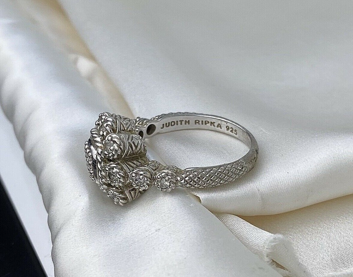 Vintage Judith Ripka Diamonique Sterling Silver CZ Flower Heirloom Ring