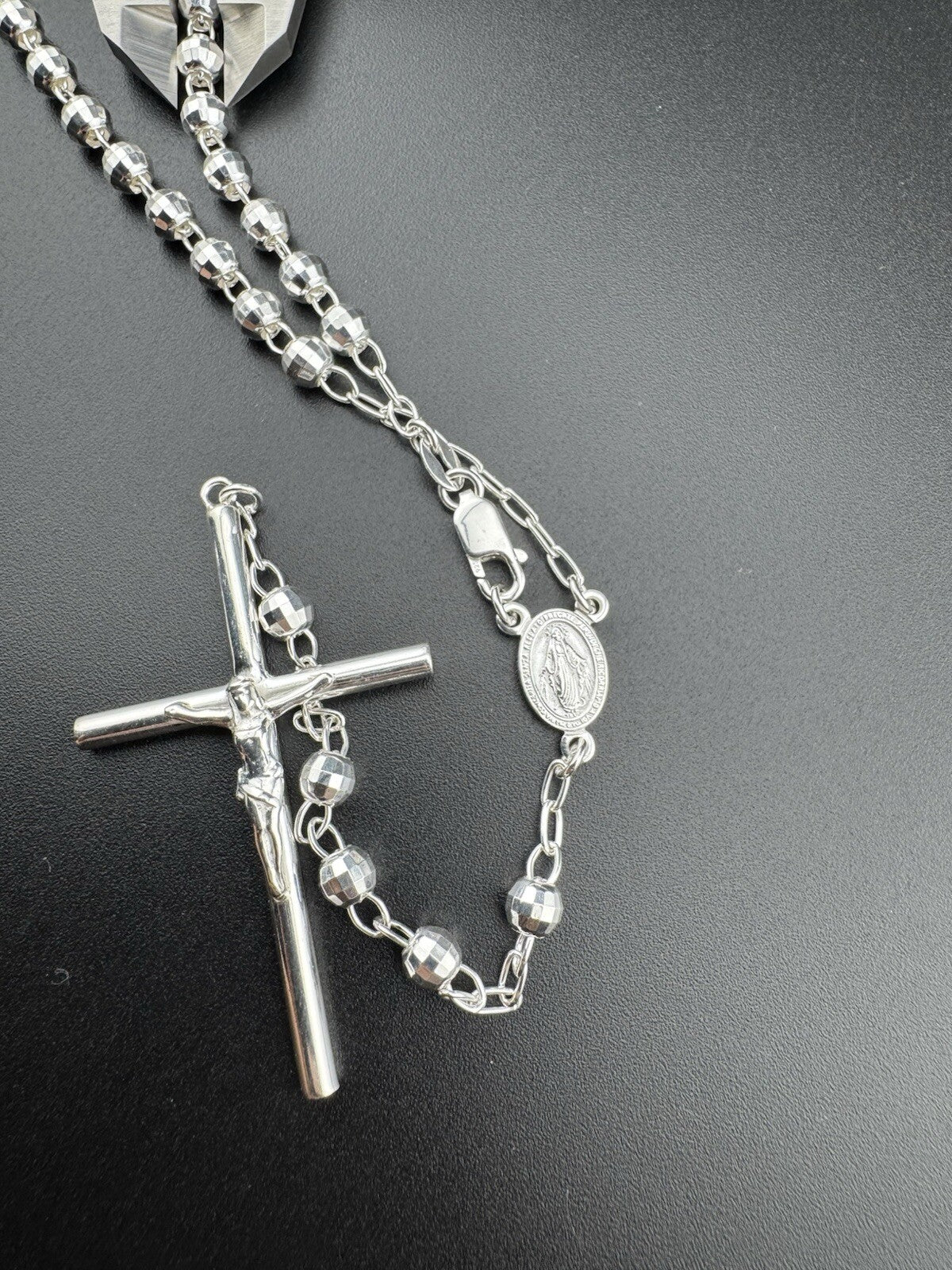 Sterling Silver 925 Rosary Necklace with Mother Mary & Jesus Cross, 24in, 20g