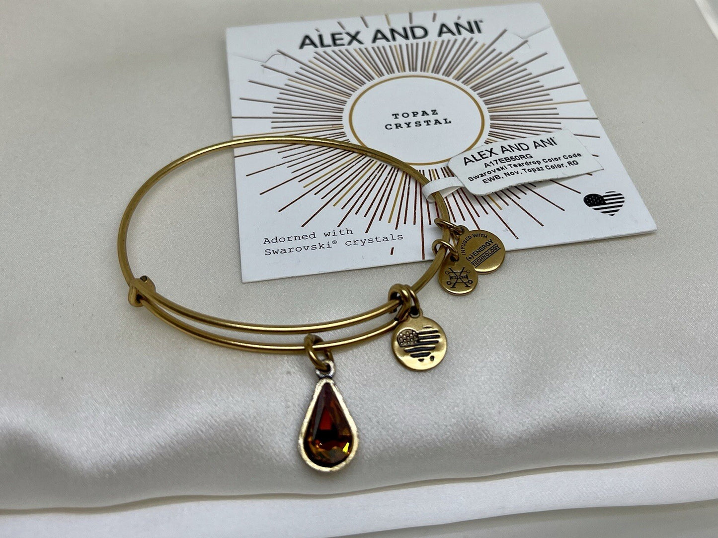 Alex and Ani Swarovski Teardrop Topaz Birth Stone Rafaelian Gold Charm Bangle