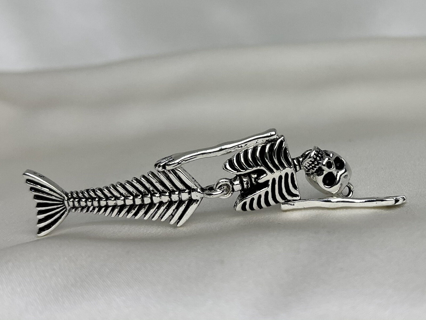 Large 73mm Moveable Skeleton Mermaid Pendant Silver Zinc Alloy Metal Handmade