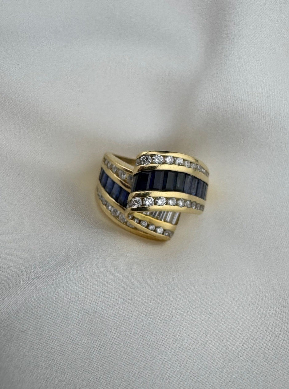 Charles Krypell 18K Yellow Gold Sapphire & Diamond Ribbon Crossover Ring 13.4G