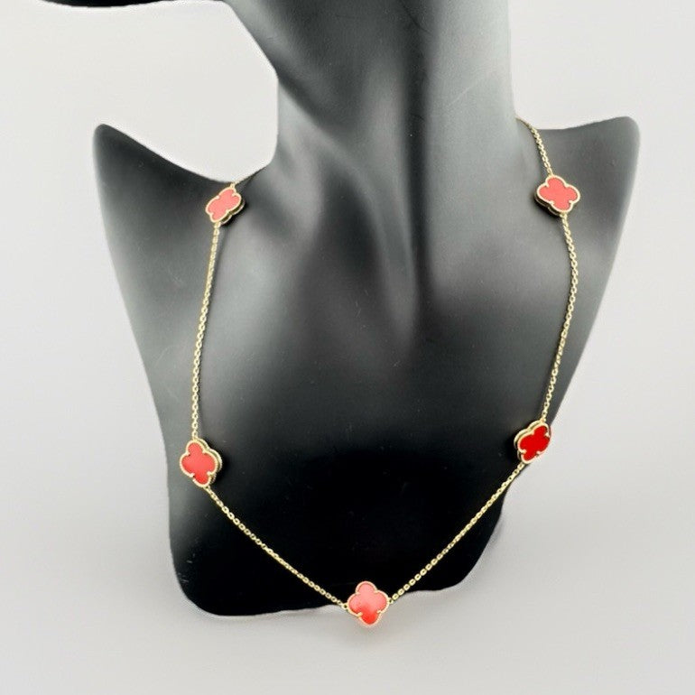 14K Gold Carnelian Sim Stone Lucky Clover Necklace 19.2in Adj 7.3 Gram