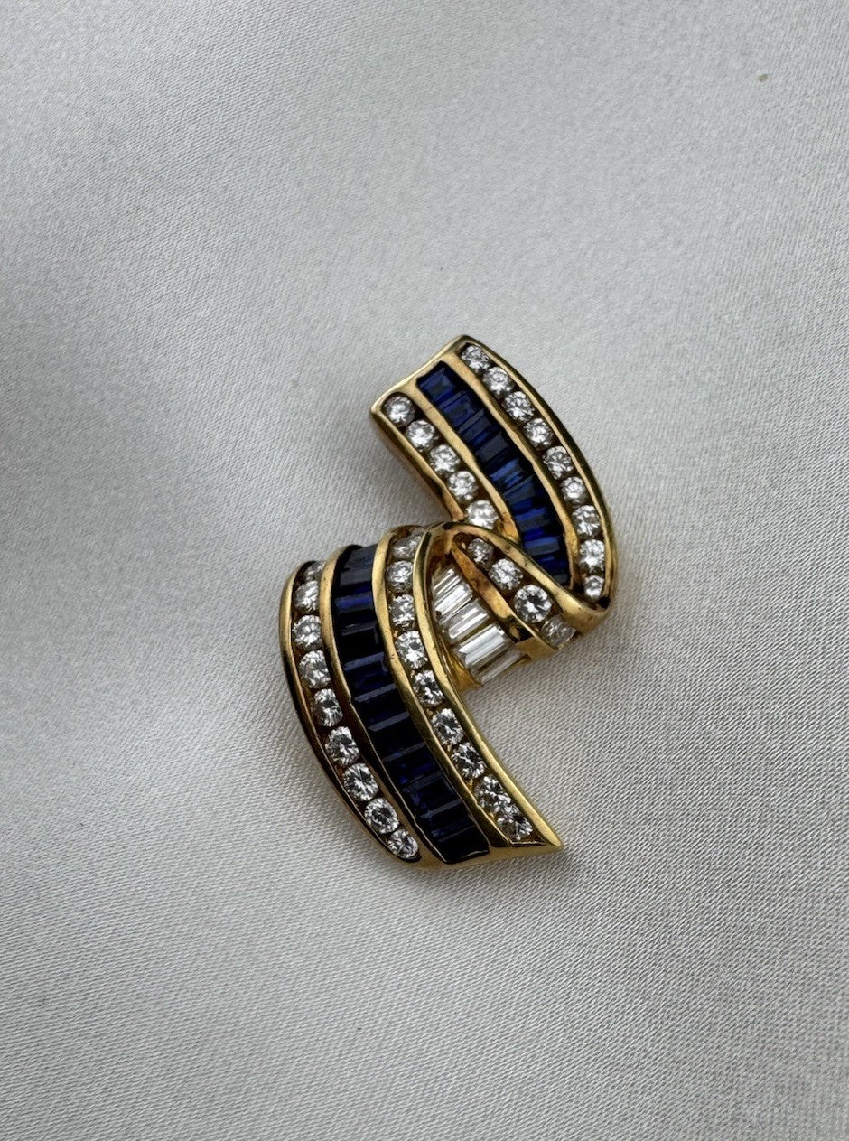 Vintage Charles Krypell 18K Yellow Gold Sapphire and Diamond Ribbon Pendant 7.7G