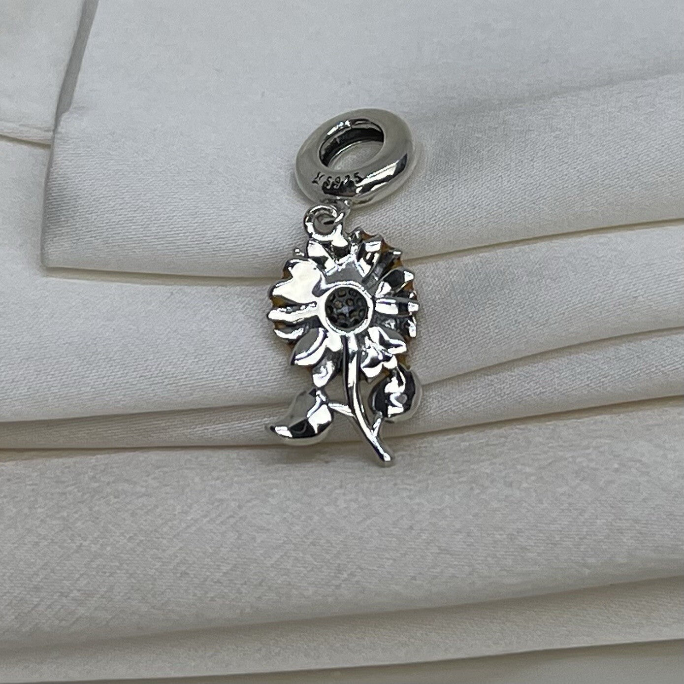 Sterling Silver 925 Enamel Cubic Zirconia Vibrant Sunflower Dangle Charm
