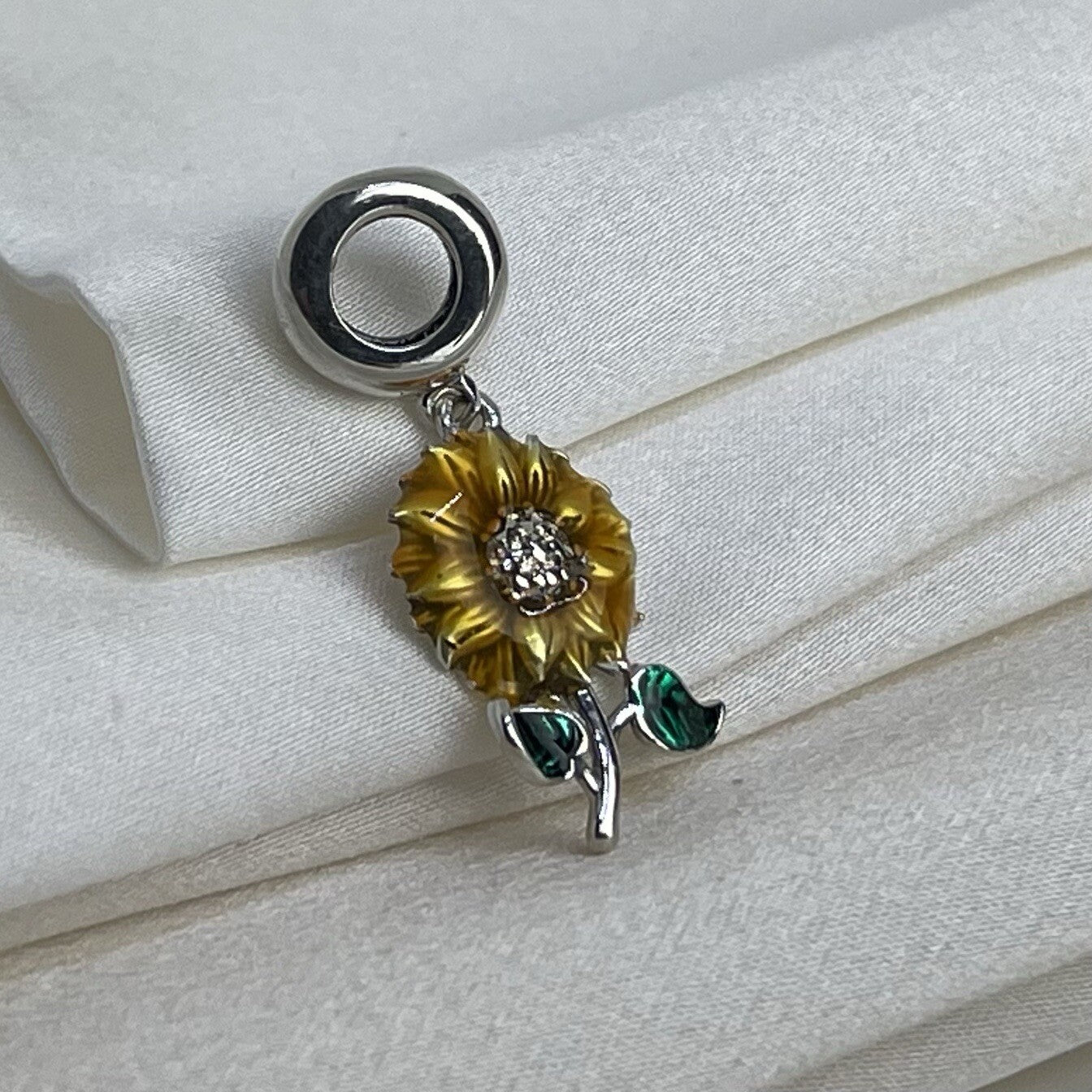 Sterling Silver 925 Enamel Cubic Zirconia Vibrant Sunflower Dangle Charm