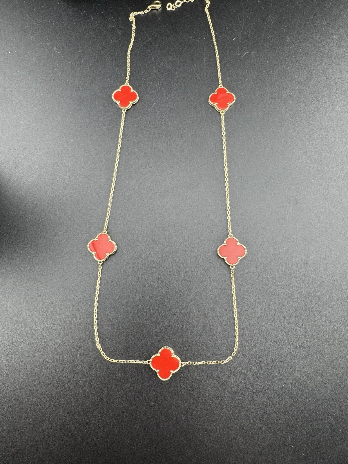 14K Gold Carnelian Sim Stone Lucky Clover Necklace 19.2in Adj 7.3 Gram