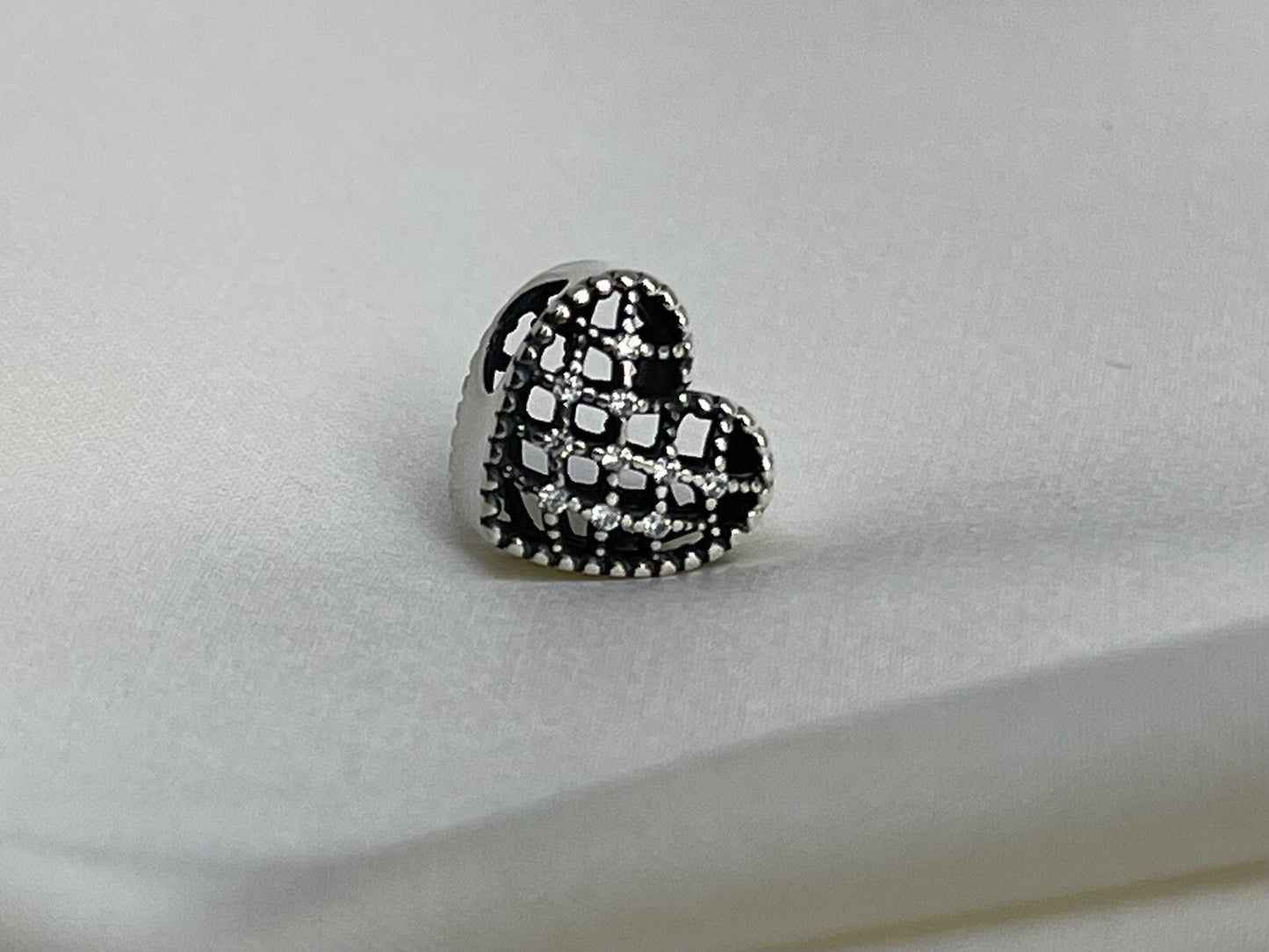 Sterling Silver 925 Retro Hollow Shining Cubic Zirconia Stone Heart Love Charm
