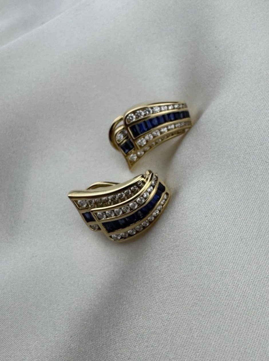 Charles Krypell 18K Yellow Gold Baguette Sapphire & Pave Diamond Earrings 12G