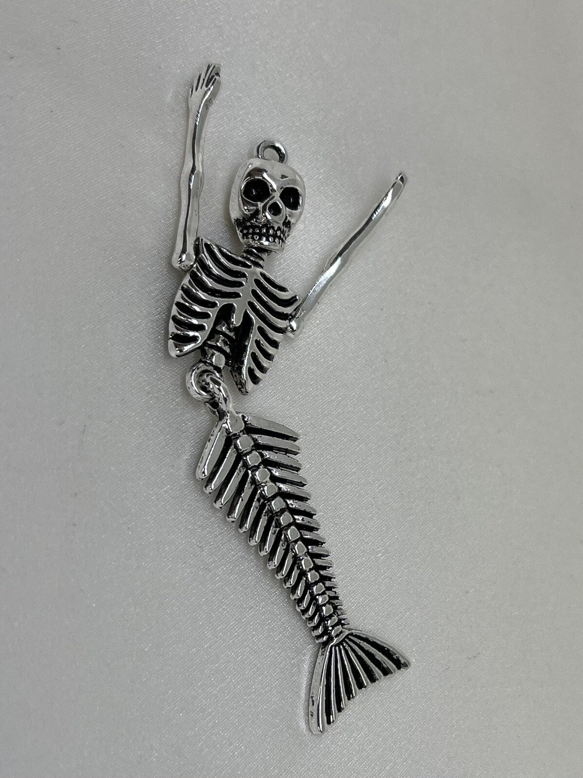 Large 73mm Moveable Skeleton Mermaid Pendant Silver Zinc Alloy Metal Handmade