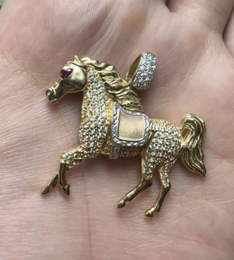 14K Tri Gold 3D Race Horse Pendant 7.3 Grams 40x36mm CZ Diamond Red Eye Stone
