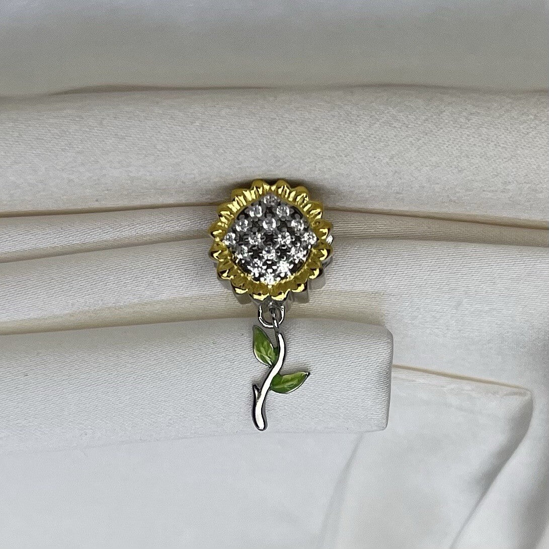 Sterling Silver 925 Enamel Large Cubic Zirconia Vibrant Sunflower Charm