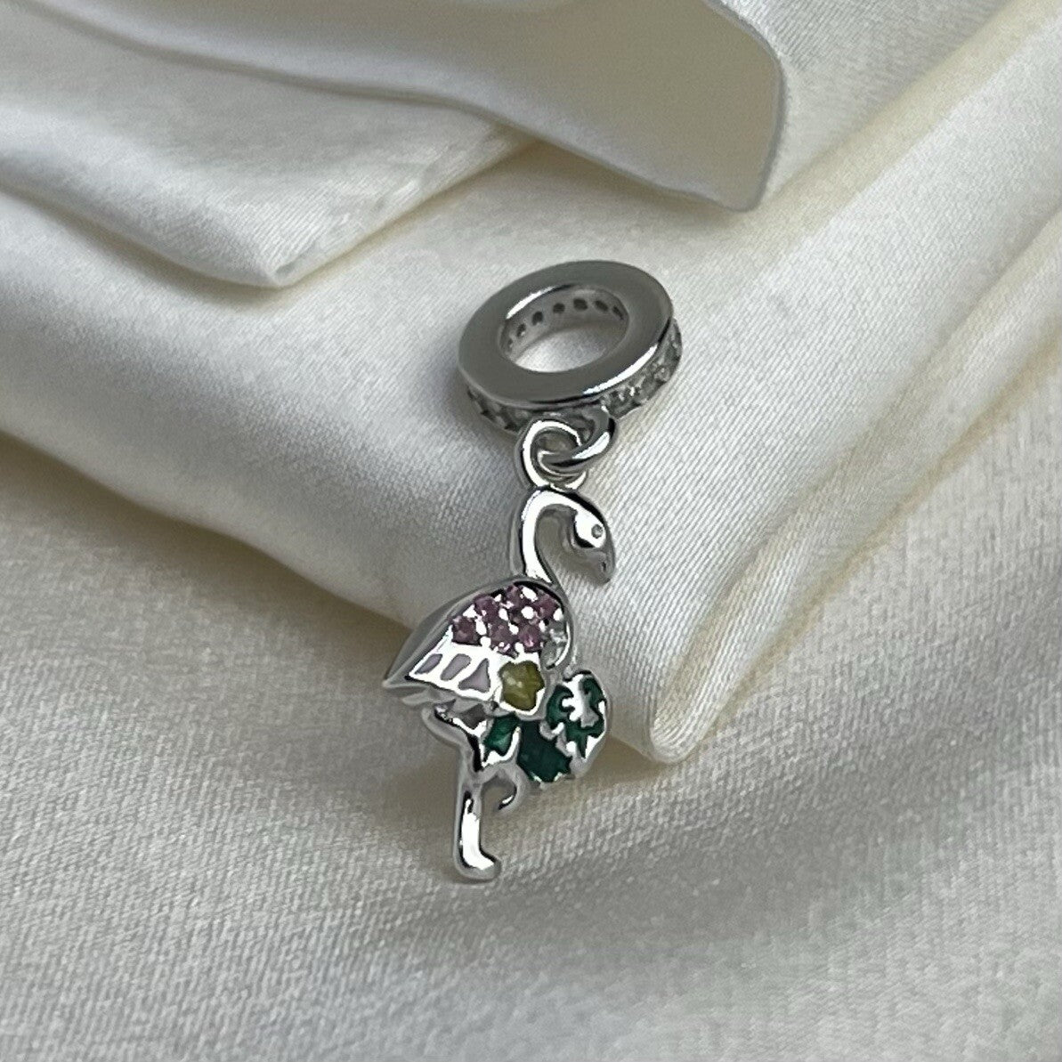 Sterling Silver 925 Multi Color CZ Stones Enamel Vibrant Flamingo Dangle Charm