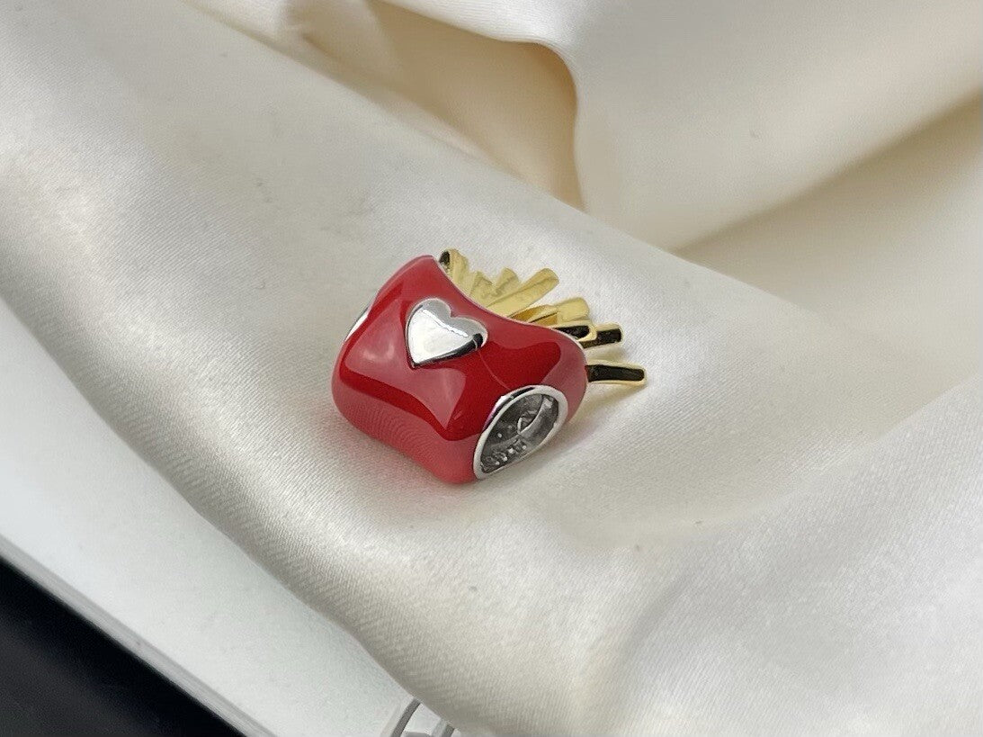 Sterling Silver 925 European Enamel I Heart Love French Fries Fast Food Charm