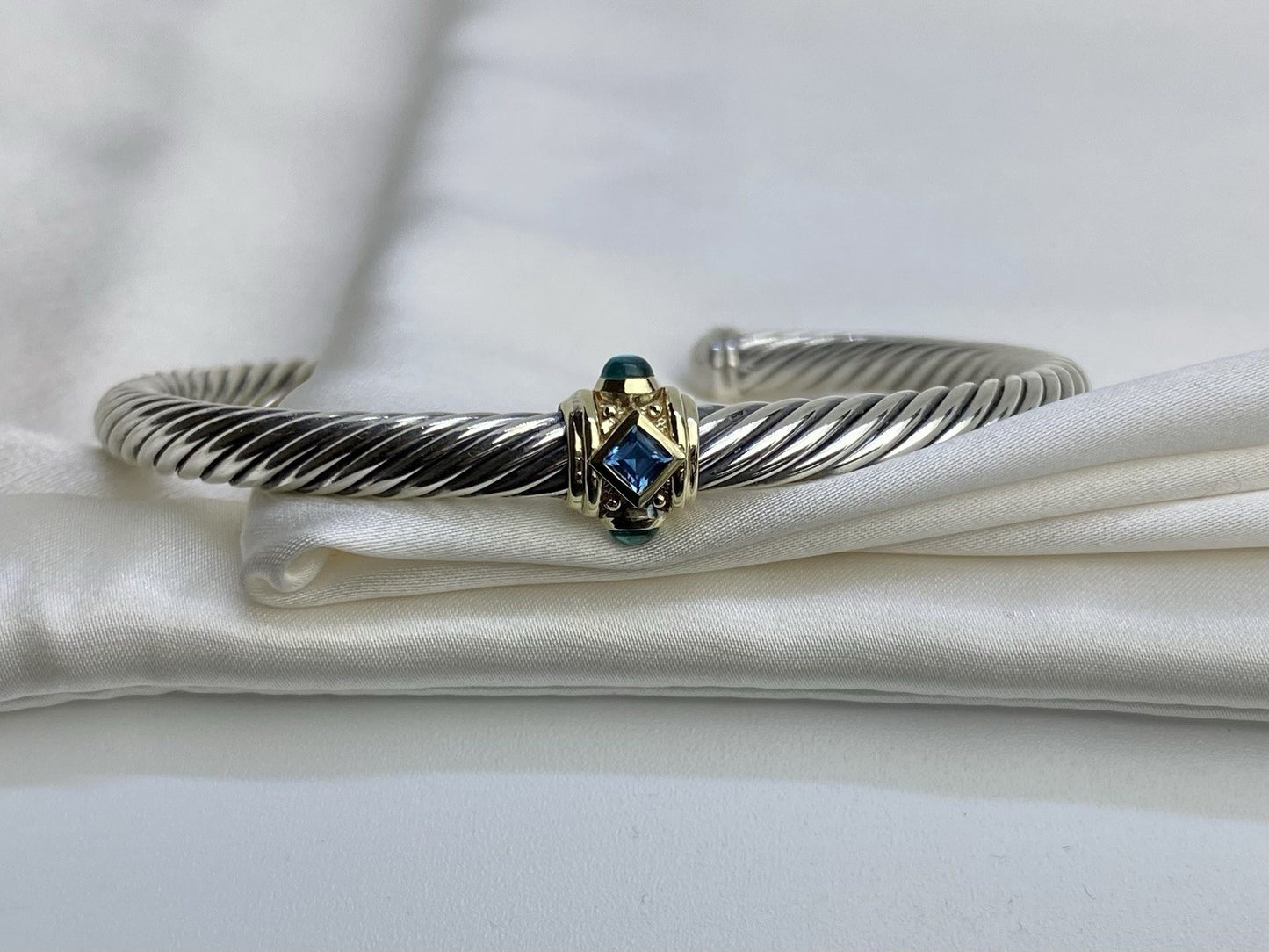 David Yurman Renaissance 5mm Silver Bracelet 14K Gold Topaz & Green Onyx Medium