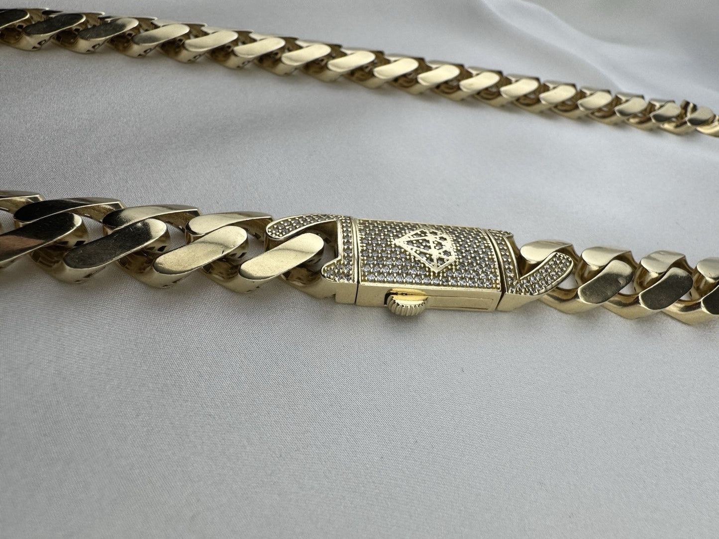 14K Yellow Gold Miami Cuban Link Chain Necklace 14.7mm 24.5 76.4 Gram Semi-Solid