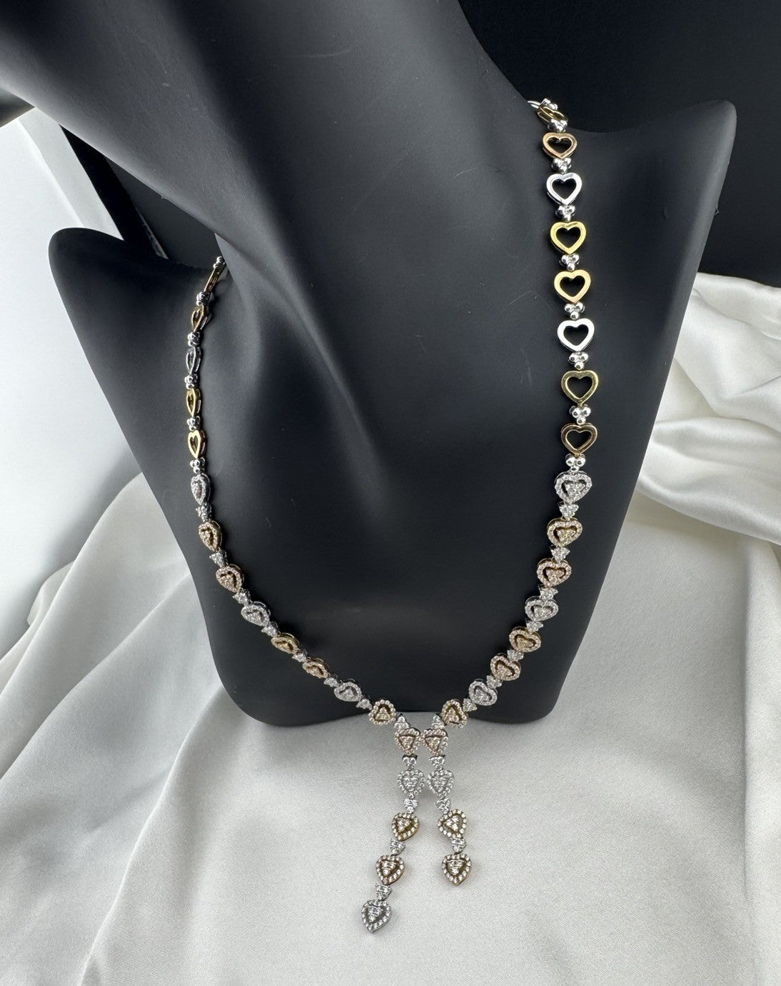 14K Yellow Gold Tri-Tone Heart Necklace Pave Stones 32G 17.25” 8mm Chain
