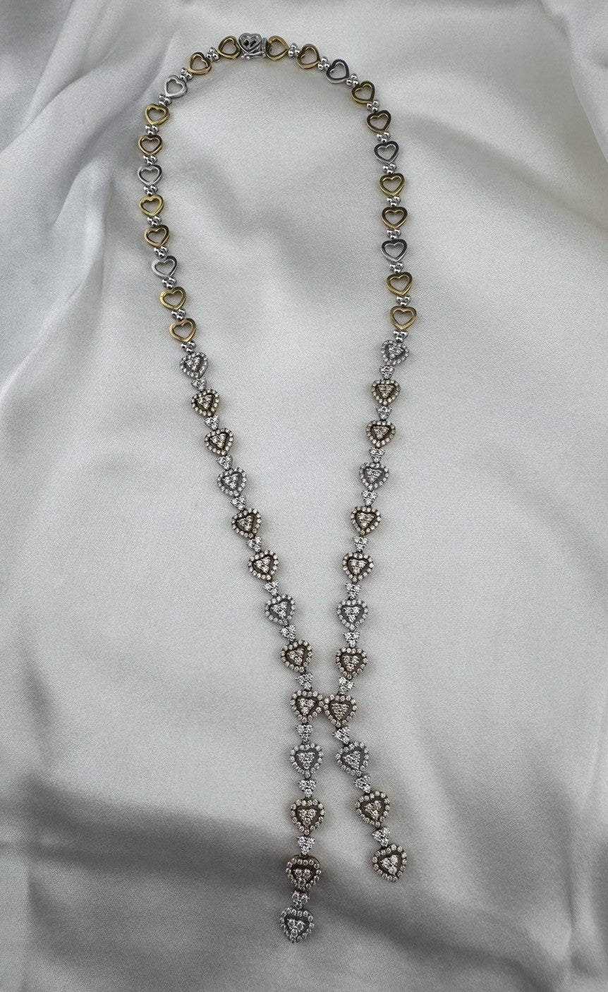 14K Yellow Gold Tri-Tone Heart Necklace Pave Stones 32G 17.25” 8mm Chain