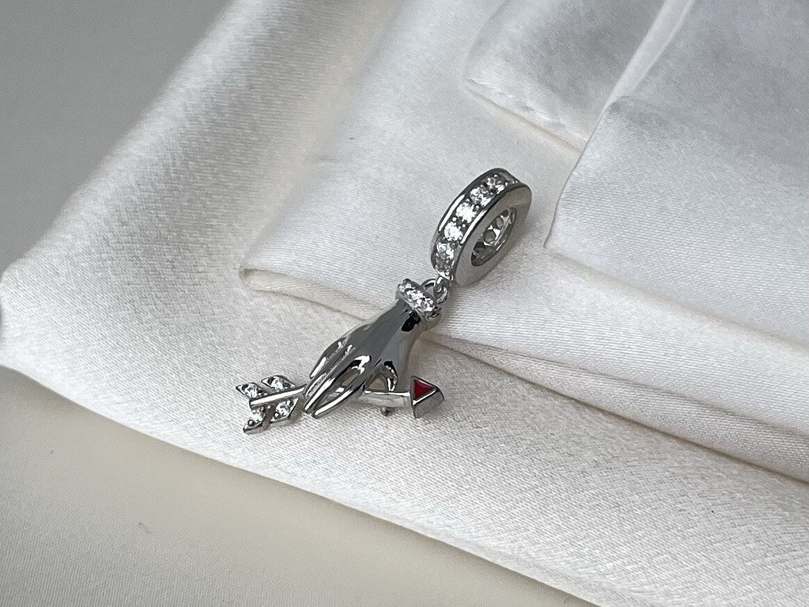 Sterling Silver 925 Enamel Valentine Cupid Hand Love Bow & Arrow Dangle Charm CZ