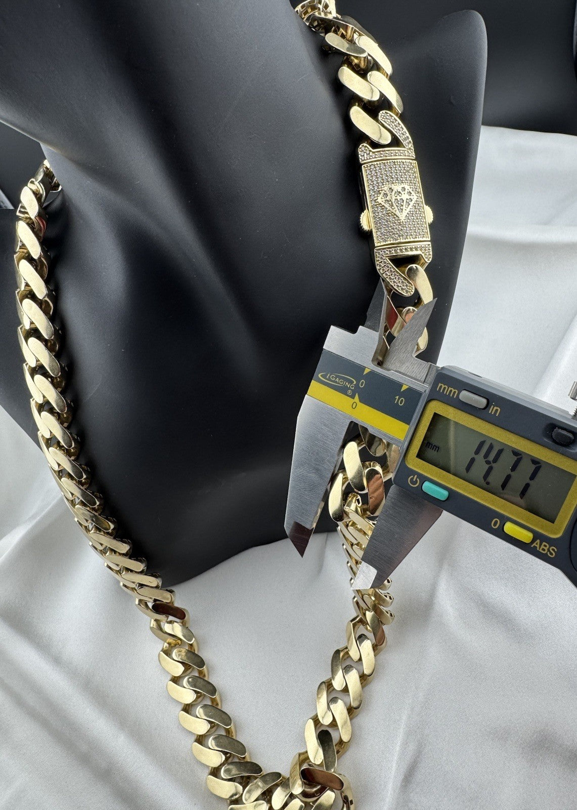 14K Yellow Gold Miami Cuban Link Chain Necklace 14.7mm 24.5 76.4 Gram Semi-Solid