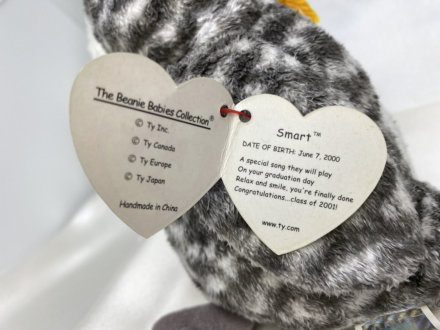 Ty Beanie Baby Smart Owl Class of 2001 Plush 2000 Hang Tag Protector with Errors
